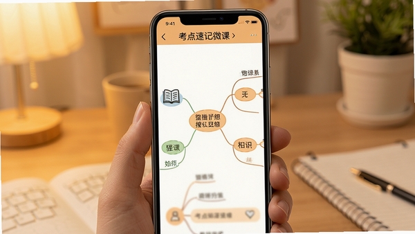 考点速记微课界面,展示思维导图形式的知识点结构,配合手机竖屏学习场景,图标简约,背景为暖色调,营造轻松学习氛围
