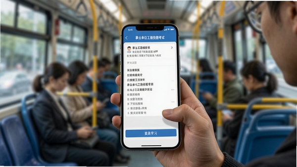 手机端学习场景示意图,展示在公交或地铁上使用事业单位工勤技能考试APP刷题,界面显示答题页面,氛围专注,背景虚化处理,体现移动学习便利性
