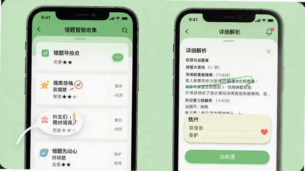 错题智能收集界面,手机屏幕显示错题列表和详细解析,有标记和笔记功能,界面简洁易用,背景浅绿色,突出学习效率