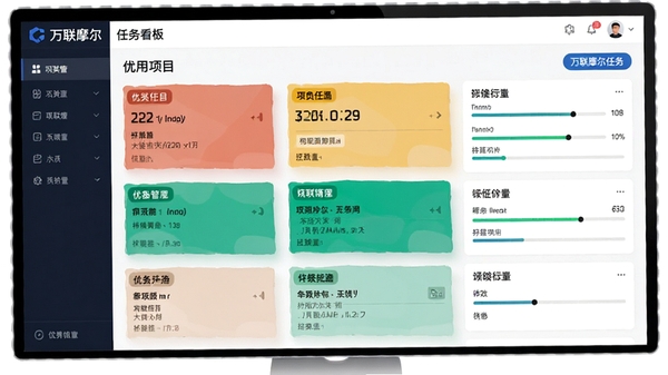 万联摩尔任务看板界面,展示多项目任务卡片分类管理,色彩标签区分优先级,进度条清晰可见。