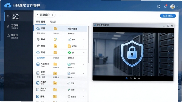 万联摩尔文件管理界面,展示云端文件列表,预览窗口,以及安全加密标识。