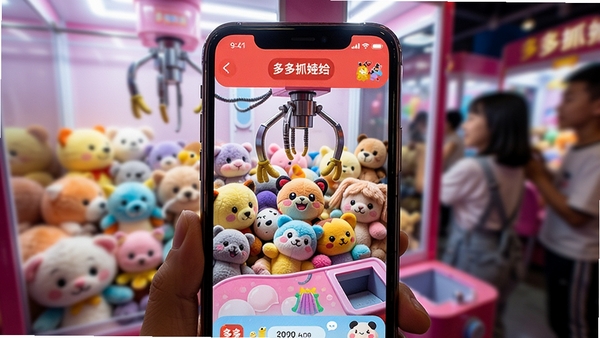 一张智能手机屏幕展示多多抓娃娃APP界面,界面内有可爱的毛绒玩具堆满娃娃机,画面色彩鲜艳明亮,风格卡通活泼,突出远程抓娃娃的乐趣,前景聚焦手机屏幕,背景虚化处理,营造身临其境的娱乐氛围。