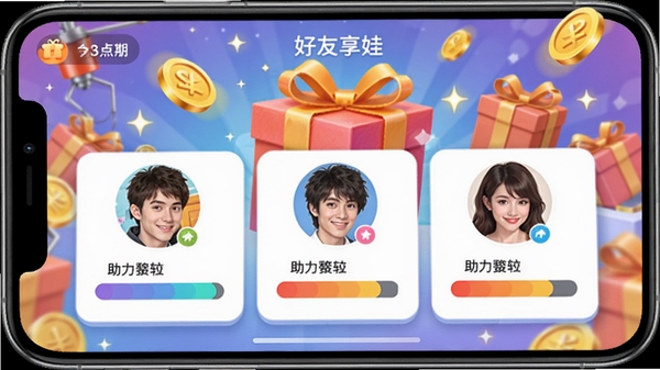 多多抓娃娃APP的好友助力界面,屏幕上显示多个好友头像和助力进度条,背景有礼物盒和金币特效,整体色调明亮,传达出互动分享的快乐氛围。