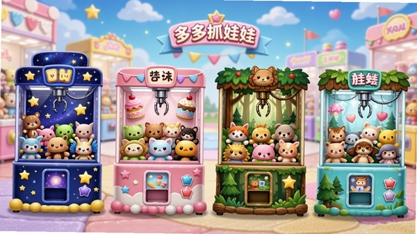 多多抓娃娃APP内不同主题的娃娃机阵列展示,包括星空主题、甜品主题、森林主题等,每个娃娃机内都装满各式各样的可爱玩偶,色彩缤纷,背景明亮,营造出线上玩具城的丰富感。