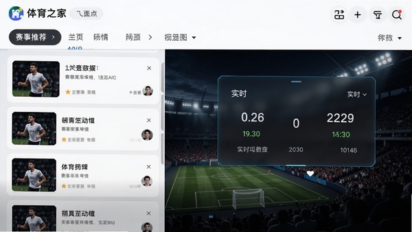 体育之家APP界面截图,展示首页赛事推荐列表与实时比分弹窗,背景为深色体育场馆,风格现代科技感
