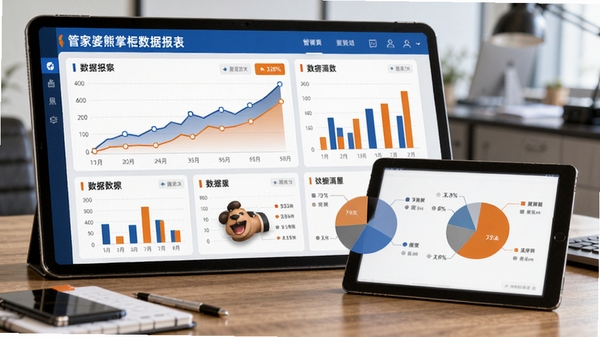 管家婆熊掌柜数据报表界面,展示折线图、柱状图、饼图等,数据直观,背景为办公桌面,有平板电脑展示,风格商务,蓝色与橙色搭配,强调数据洞察力