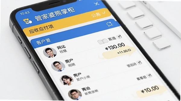 管家婆熊掌柜客户管理界面,展示客户列表、应收应付款项,背景为手机界面,有客户头像和金额标识,色彩以蓝黄为主,体现财务清晰透明