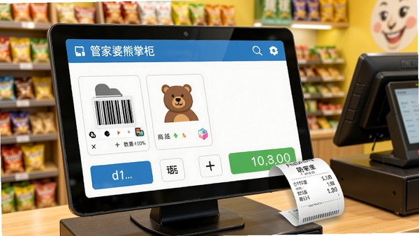 管家婆熊掌柜收银开单界面,展示商品扫码、数量修改、金额计算,有打印小票动画效果,背景为门店收银台,风格写实,色彩明亮,突出便捷高效