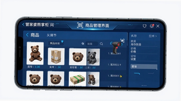 管家婆熊掌柜商品管理界面,展示商品列表、库存数量、价格设置,背景为手机界面,有扫码枪图标,商品图片清晰,界面以蓝色为主色调,科技感十足