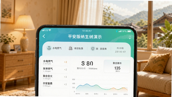 平安版纳APP生活缴费功能演示,展示水电燃气等多种账单聚合支付界面,背景温馨明亮。