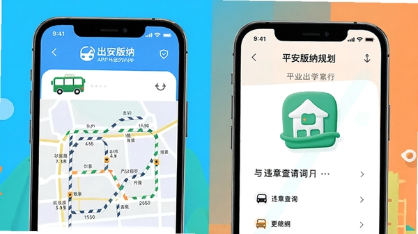 平安版纳APP出行服务模块,包含公交线路规划与违章查询界面,设计风格活泼现代。