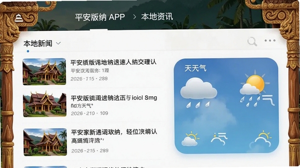 平安版纳APP资讯页面,展示本地新闻列表与天气widget,视觉上融合傣族建筑元素。