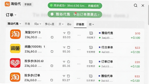 雅俗代售多平台订单聚合界面,显示淘宝、闲鱼、拼多多图标,订单列表自动合并,顶部有同步成功的绿色提示。