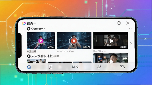 天天快看极速版界面截图,展示首页推荐流、高清视频封面、底部导航栏,整体风格明亮活泼,突出极速流畅概念,画面中手机屏幕显示视频列表,背景为渐变色科技感元素