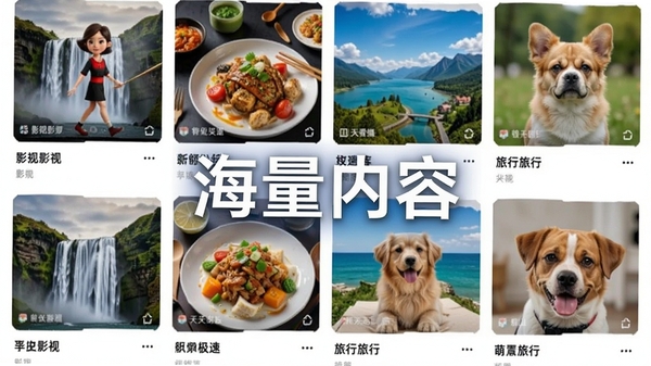 瀑布流视频矩阵展示天天快看极速版内容库,包含影视、美食、旅行、萌宠多个分类封面,画面丰富饱满,中央悬浮“海量内容”字样