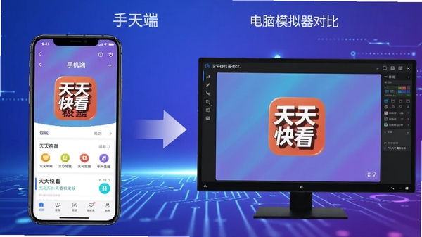 手机端与电脑模拟器对比示意图,左边手机显示天天快看极速版界面,右边电脑屏幕显示模拟器运行该应用,中间有箭头连接,背景为蓝紫色科技感