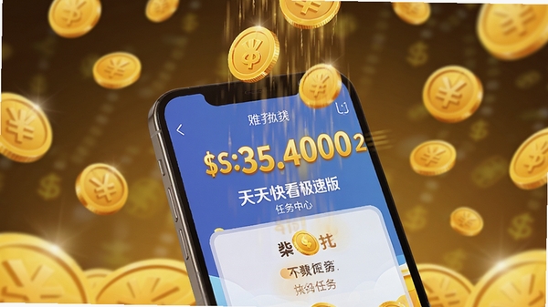 金币雨从手机屏幕洒落,手机屏幕显示天天快看极速版任务中心界面,金币金额数字跳动,背景为暖色调金币符号,营造赚钱氛围