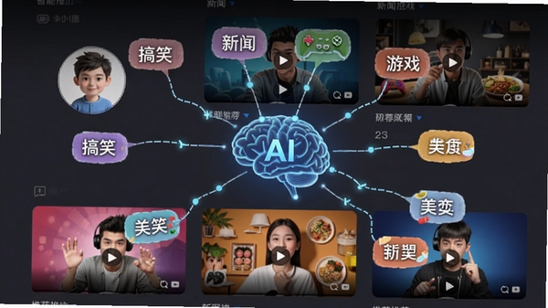 智能推荐界面示意,用户头像周围悬浮多个兴趣标签(搞笑、新闻、游戏、美食等),推荐流视频封面多样化,AI大脑图形居中连接标签,体现个性化推荐