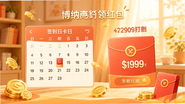 博纳商城签到领红包页面,显示签到日历和红包金额,金币和红包元素点缀,背景温馨明亮,鼓励用户每日打卡