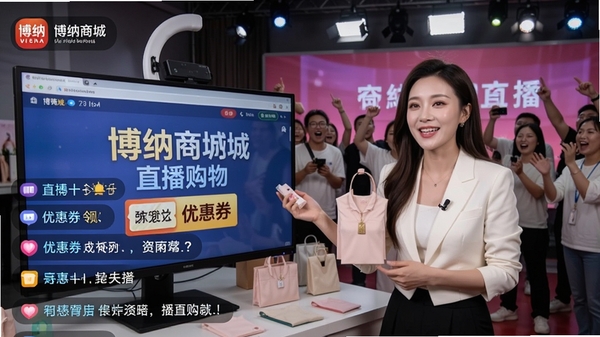 博纳商城直播购物场景,主播展示商品,屏幕上有购物链接和优惠券领取提示,观众互动弹幕,背景为直播间灯光布置,热闹非凡
