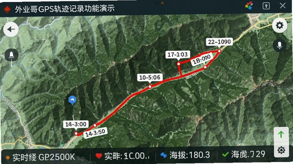 ��ҵ��GPS�켣��¼������ʾ����ͼ����ʾ��ɫ�н�·�ߣ����������ע����Χ��ɽ�ֵ��Σ�������ʾʵʱ��γ���뺣����Ϣ