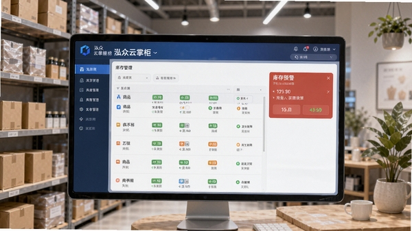 泓众云掌柜库存管理界面,显示商品列表和库存预警提示,背景为整洁的货架,科技感与生活感结合