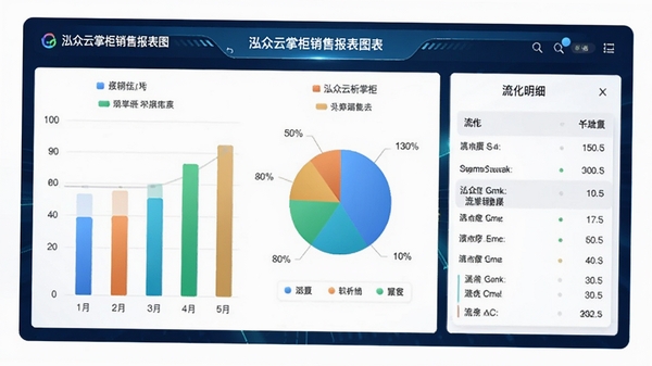 泓众云掌柜销售报表图表,包含柱状图、饼图和流水明细,色调明亮,数据可视化风格
