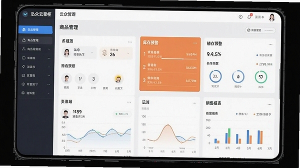 泓众云掌柜软件界面截图,展示商品管理、库存预警和销售报表功能,现代简约风格,手机屏幕为主视觉