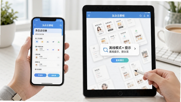 泓众云掌柜在手机和平板上使用场景,展示多门店切换和离线模式提示,画面明亮清晰