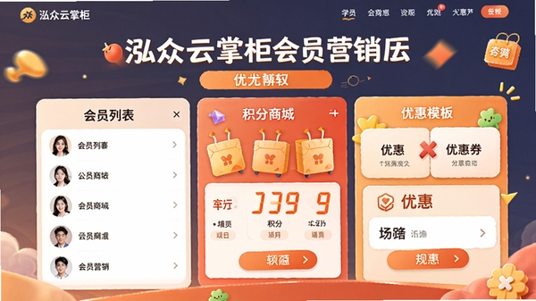 泓众云掌柜会员营销页面,展示会员列表、积分商城和优惠券模板,色彩温馨,促销元素丰富