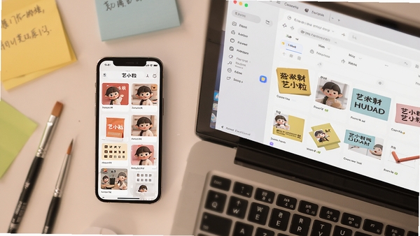 一张手机与电脑并排的俯拍图,手机屏幕显示艺小粒的素材库界面,电脑屏幕显示网页剪藏插件,周围散落着一些便利贴和画笔,整体色调温暖,强调跨设备协同与高效整理,画面干净无文字