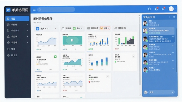 禾美协同办公软件主界面截图,展示项目看板与即时通讯窗口,扁平化设计,蓝色主色调,高清UI界面