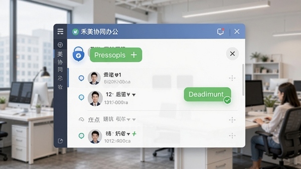 禾美协同办公即时通讯界面,显示加密标识与已读回执,群组列表清晰,背景为办公场景