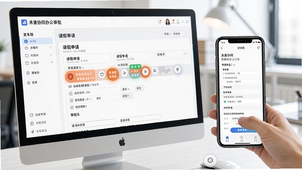 禾美协同办公审批界面,显示请假申请表单,审批节点高亮,手机端操作演示