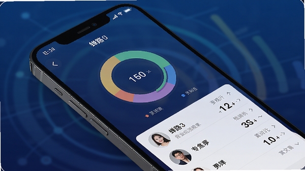 一张智能手机屏幕展示蝉路应用的通话统计仪表盘界面,背景为深蓝色渐变,屏幕内显示彩色环形图表和联系人列表,界面风格现代简洁,数据可视化元素丰富,强调专业与科技感