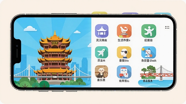 ϲ�ְ�APP����չʾ���ں��人�еر꽨���ƺ�¥���������ŵ�Ԫ�أ������ֻ���Ļ��ʾ���������ͼ�꣬ɫ�������ִ��У���ƽ����Ʒ��