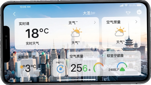 大圣天气app界面截图,展示实时温度、天气状况、空气质量等核心信息,背景为城市风景,风格清新简洁。