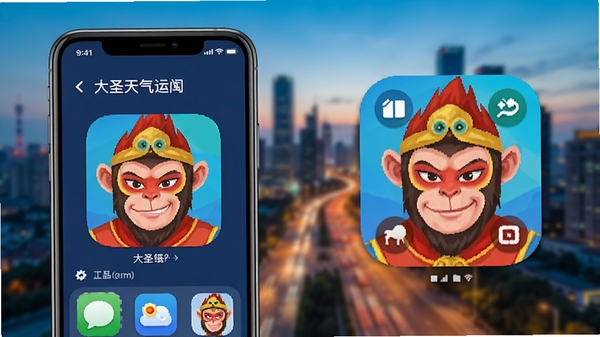 大圣天气app运行截图,手机端与桌面小组件展示,色彩鲜明,城市背景虚化。
