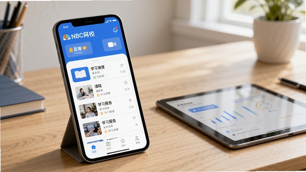 在线教育APP界面展示,NBC网校主界面,包含课程列表、直播入口、学习报告卡片,现代扁平设计风格,蓝色主色调,屏幕上有学习进度图表,背景为书桌与平板电脑,自然光照明,高清渲染,UI设计精美,突出在线学习场景