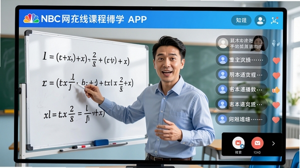 名师在线直播教学场景,NBC网校APP界面,教师正在白板上讲解数学公式,右侧有学生互动弹幕与连麦窗口,教室环境明亮,屏幕中教师表情生动,界面清晰展示课程标题与知识点,色彩鲜艳,真实感强
