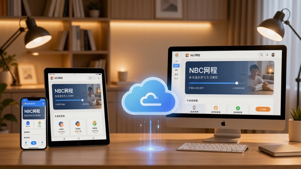 多设备同步学习场景,NBC网校APP在手机、平板、电脑上同时显示相同课程进度,画面中央为云同步图标,周围设备环绕,背景为现代家居书房,暖色调灯光,画面和谐统一,体现无缝学习体验