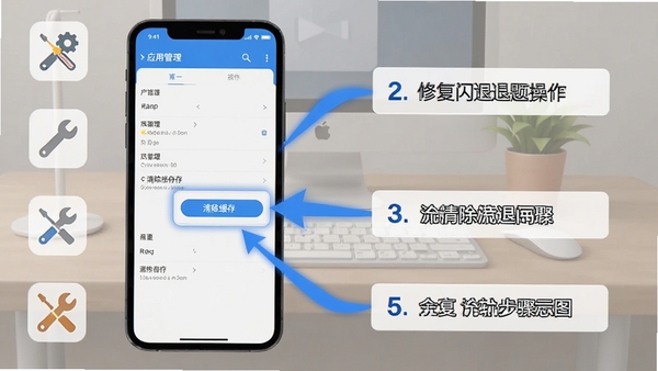 修复闪退问题操作步骤示意图,手机屏幕显示应用管理界面,高亮清除缓存按钮,旁边有步骤文字说明,背景为简洁桌面,配有工具图标,蓝色箭头指示点击顺序,画面清爽易懂