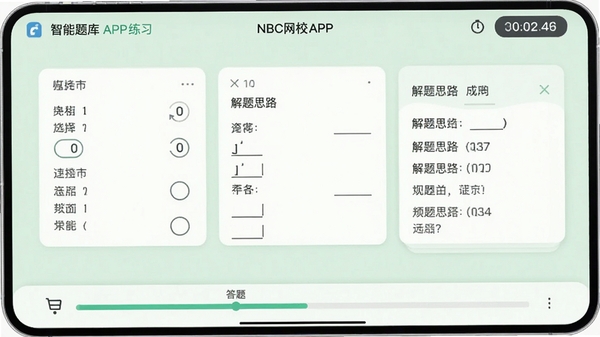 智能题库刷题界面,NBC网校APP练习页面,展示选择题、填空题及解题思路卡片,底部有答题卡进度条,右上角显示计时器,背景为浅绿色护眼模式,界面简洁清晰,适合长时间做题使用,真实学习场景