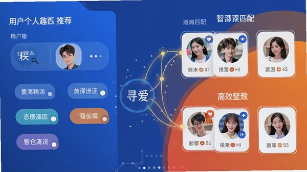 һ��չʾ��Ѱ����APP����ƥ����̵Ĳ廭��������û�������Ȥ��ǩ���Ҳ��Ƕ��Ǳ��ƥ������ͷ��Ƭ���м��з���������������������ÿƼ���������ȵ���ײɫ�����ִ������Ƽ��ľ�׼���Ч��