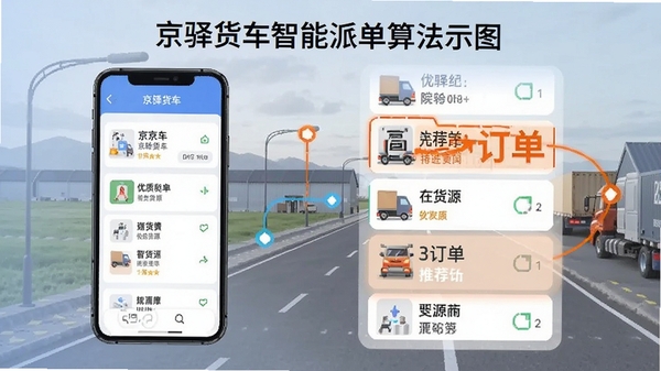 京驿货车智能派单算法示意图,展示手机端匹配附近优质货源列表,高亮推荐订单