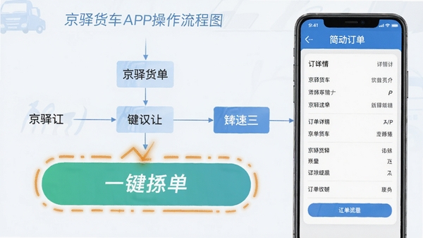 京驿货车APP操作流程图,突出一键抢单按钮和简洁的订单详情页面