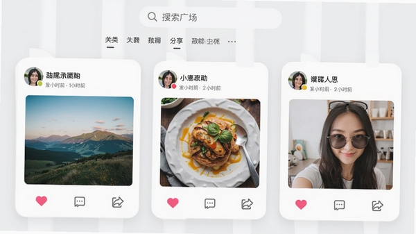 ����ȦAPP��̬�㳡ҳ��Ч��ͼ��չʾ���»�������Ϣ����Ƭ��ÿ�ſ�Ƭ�����û�ͷ���ǳơ�����ʱ���ͼƬ���ݣ��з羰�ա���ʳ�պ����ĵȣ��ײ��а��ġ����ۺͷ���ͼ�꣬����Ϊǳ��ɫ�������������ͷ����ǩ�����ɼ��������Ӿ��ɾ�����
