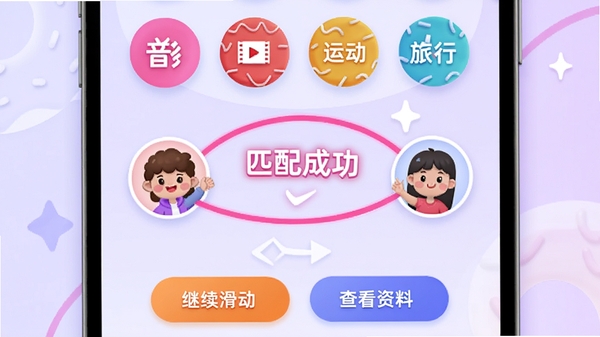����ȦAPP��Ȥƥ�书����ʾ����Ļ��չʾ�����ɫԲ����Ȥ��ǩ�������֡���Ӱ���˶������еȣ�������ͨ����ͷ��ͨ��һ����ɫ�������ӣ������֡�ƥ��ɹ�������������Ϊ����ɫ���䣬�·��С������������͡��鿴���ϡ���ť���������ִ�