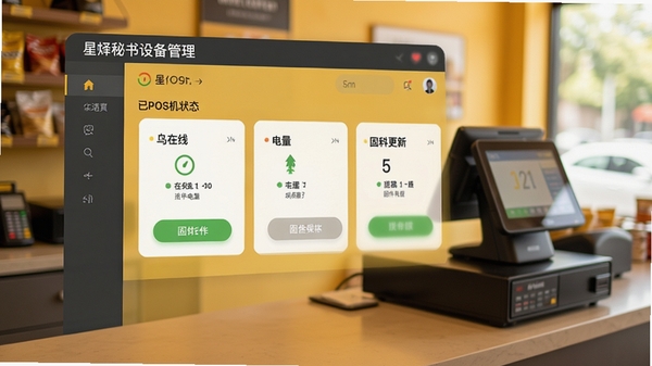 ���������豸����ҳ�棬չʾ�Ѱ�POS��״̬��Ƭ�������ߡ��������̼����°�ť������Ϊ��������̨������ɫ��ů������Ҵ��䣬�����ʵ��Ȼ