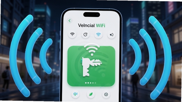 一张智能手机屏幕显示万能钥WiFi直连的主界面,周围有WiFi信号波纹的3D渲染图,背景为现代城市模糊光影,科技感与生活感并存,画面色彩明亮清晰。
